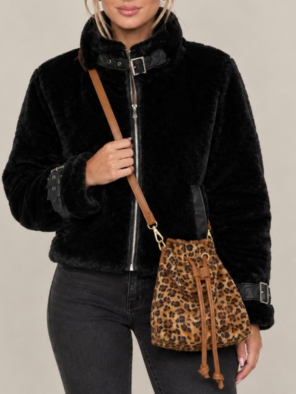SET OF 2! Black Faux Fur Teddy Jacket with Buckle Collar And Leopard Print Bag